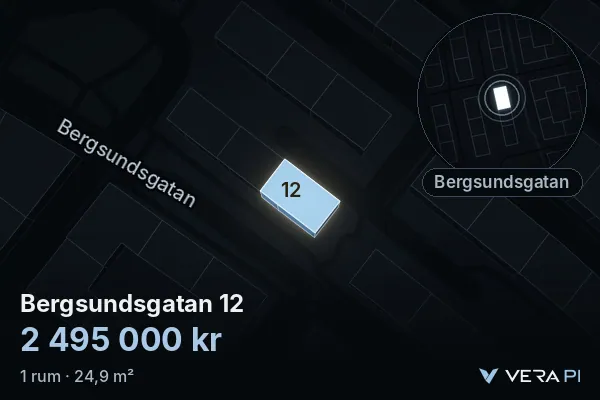 VERA PI:s bild av Bergsundsgatan 12: huset i 3D, upplyst i blått, och kartan runt omkring