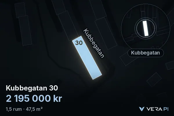 VERA PI:s bild av Kubbegatan 30: huset i 3D, upplyst i blått, och kartan runt omkring