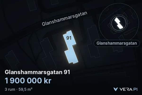 VERA PI:s bild av Glanshammarsgatan 91: huset i 3D, upplyst i blått, och kartan runt omkring