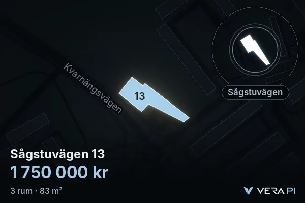 VERA PI's image of Sågstuvägen 13: the building in 3D, lit in blue, and the map around it