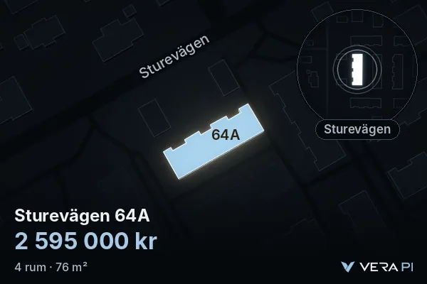 VERA PI's image of Sturevägen 64A: the building in 3D, lit in blue, and the map around it