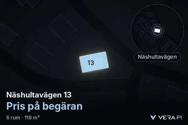 VERA PI:s bild av Näshultavägen 13: huset i 3D, upplyst i blått, och kartan runt omkring