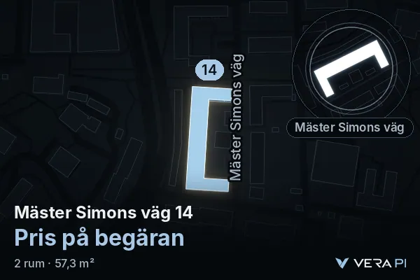 VERA PI:s bild av Mäster Simons väg 14: huset i 3D, upplyst i blått, och kartan runt omkring