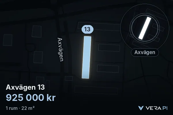 VERA PI's image of Axvägen 13: the building in 3D, lit in blue, and the map around it