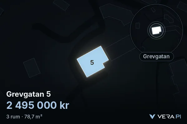 VERA PI:s bild av Grevgatan 5: huset i 3D, upplyst i blått, och kartan runt omkring