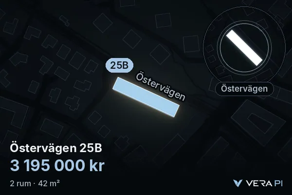 VERA PI's image of Östervägen 25B: the building in 3D, lit in blue, and the map around it