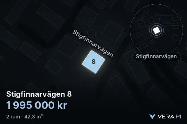 VERA PI:s bild av Stigfinnarvägen 8: huset i 3D, upplyst i blått, och kartan runt omkring