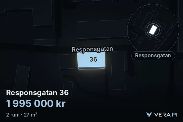 VERA PI's image of Responsgatan 36: the building in 3D, lit in blue, and the map around it
