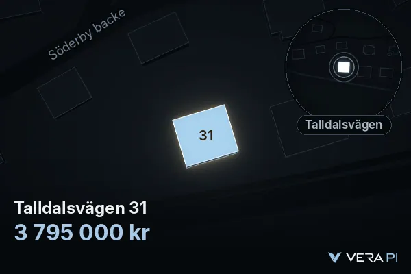 VERA PI:s bild av Talldalsvägen 31: huset i 3D, upplyst i blått, och kartan runt omkring