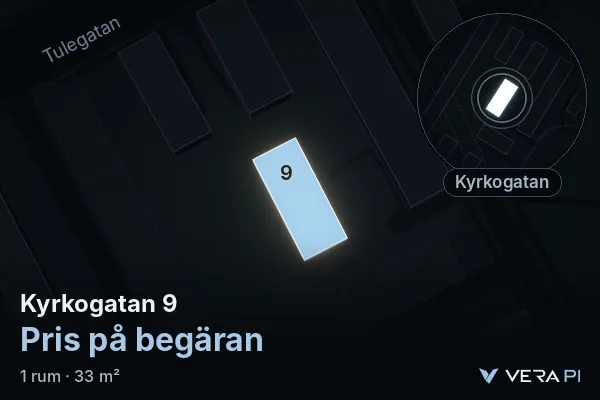 VERA PI:s bild av Kyrkogatan 9: huset i 3D, upplyst i blått, och kartan runt omkring