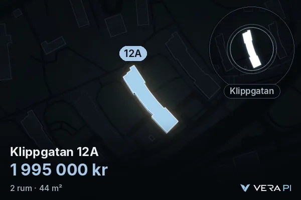VERA PI's image of Klippgatan 12A: the building in 3D, lit in blue, and the map around it