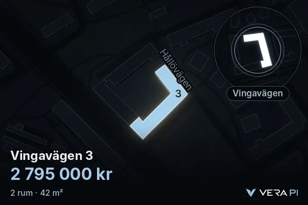 VERA PI:s bild av Vingavägen 3: huset i 3D, upplyst i blått, och kartan runt omkring