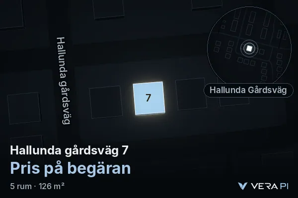 VERA PI's image of Hallunda gårdsväg 7: the building in 3D, lit in blue, and the map around it