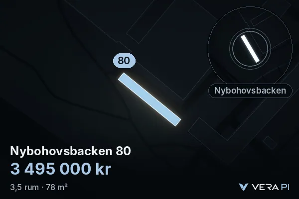 VERA PI's image of Nybohovsbacken 80: the building in 3D, lit in blue, and the map around it