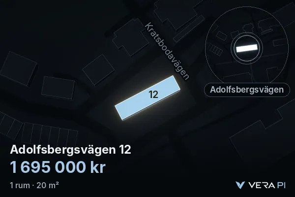VERA PI:s bild av Adolfsbergsvägen 12: huset i 3D, upplyst i blått, och kartan runt omkring