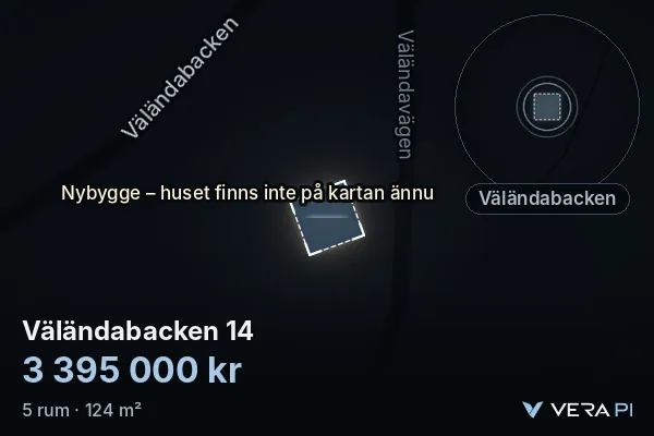 VERA PI:s bild av Väländabacken 14: huset i 3D, upplyst i blått, och kartan runt omkring