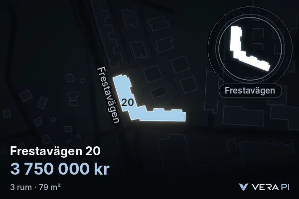 VERA PI's image of Frestavägen 20: the building in 3D, lit in blue, and the map around it