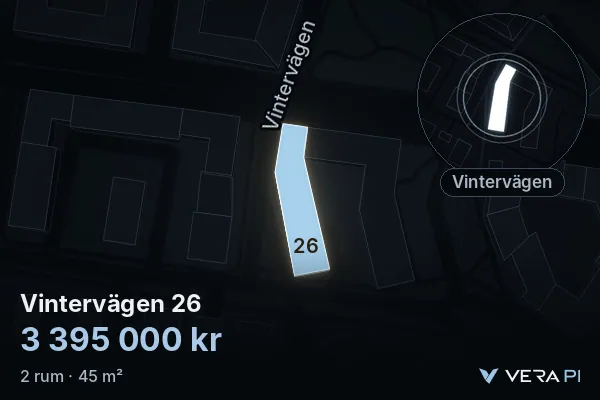 VERA PI's image of Vintervägen 26: the building in 3D, lit in blue, and the map around it