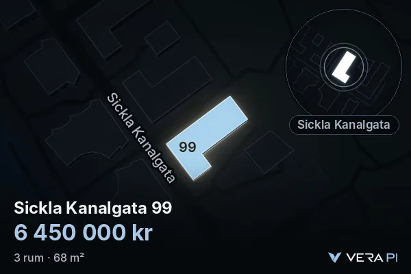 VERA PI:s bild av Sickla Kanalgata 99: huset i 3D, upplyst i blått, och kartan runt omkring
