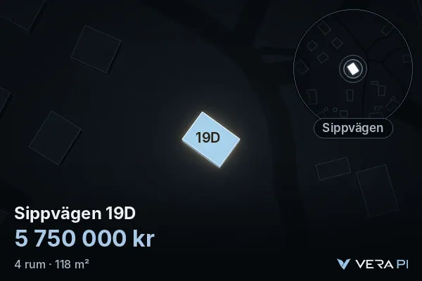 VERA PI:s bild av Sippvägen 19D: huset i 3D, upplyst i blått, och kartan runt omkring