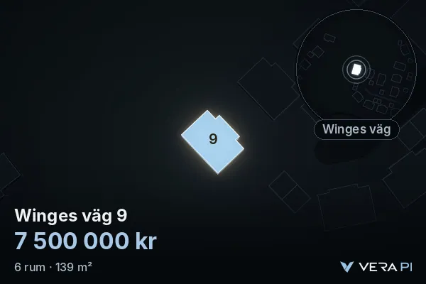VERA PI's image of Winges väg 9: the building in 3D, lit in blue, and the map around it