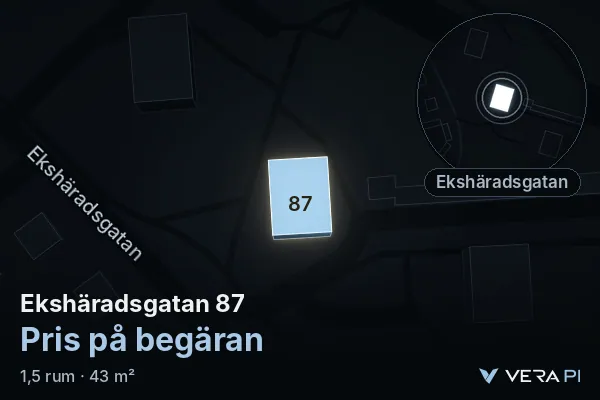 VERA PI's image of Ekshäradsgatan 87: the building in 3D, lit in blue, and the map around it