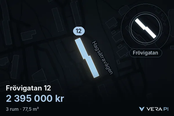 VERA PI:s bild av Frövigatan 12: huset i 3D, upplyst i blått, och kartan runt omkring