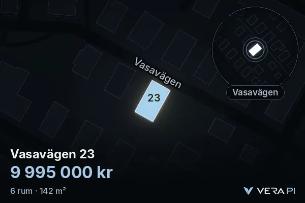 VERA PI's image of Vasavägen 23: the building in 3D, lit in blue, and the map around it