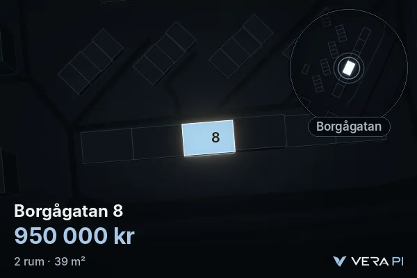 VERA PI:s bild av Borgågatan 8: huset i 3D, upplyst i blått, och kartan runt omkring
