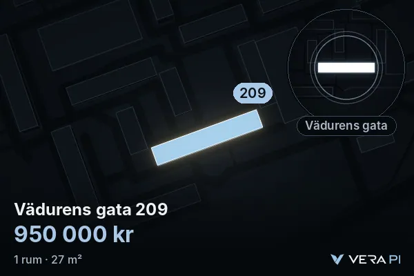 VERA PI:s bild av Vädurens gata 209: huset i 3D, upplyst i blått, och kartan runt omkring