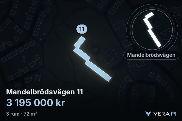 VERA PI:s bild av Mandelbrödsvägen 11: huset i 3D, upplyst i blått, och kartan runt omkring