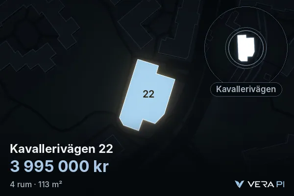 VERA PI:s bild av Kavallerivägen 22: huset i 3D, upplyst i blått, och kartan runt omkring