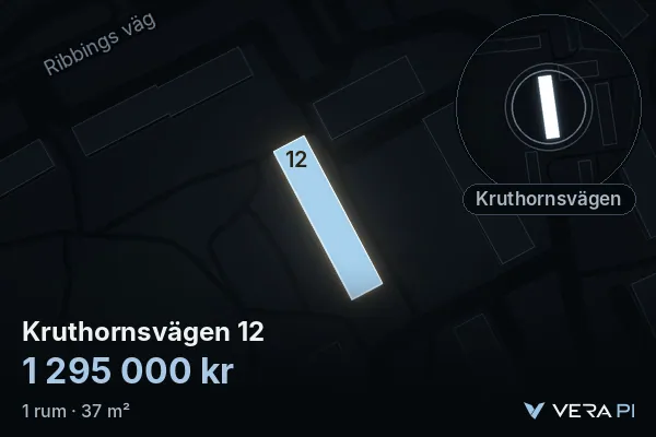VERA PI's image of Kruthornsvägen 12: the building in 3D, lit in blue, and the map around it