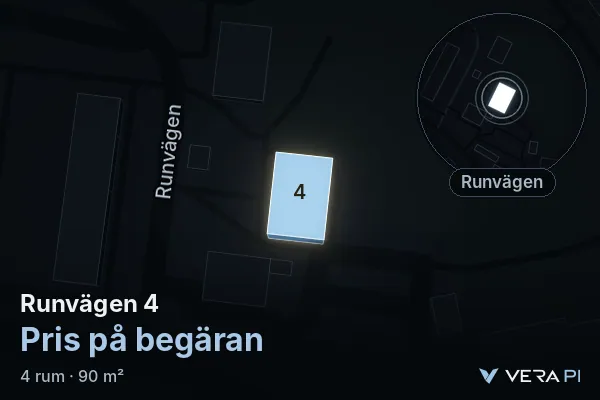 VERA PI:s bild av Runvägen 4: huset i 3D, upplyst i blått, och kartan runt omkring