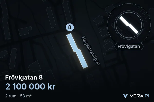 VERA PI:s bild av Frövigatan 8: huset i 3D, upplyst i blått, och kartan runt omkring
