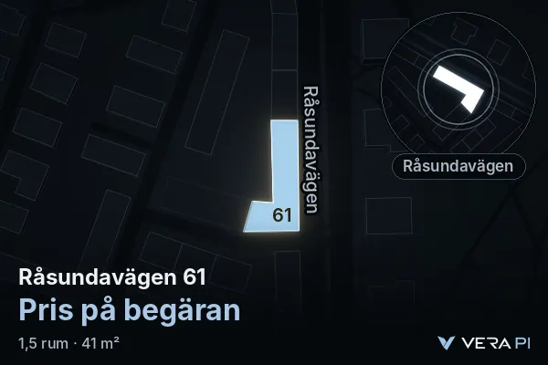 VERA PI's image of Råsundavägen 61: the building in 3D, lit in blue, and the map around it