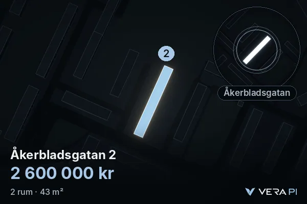VERA PI:s bild av Åkerbladsgatan 2: huset i 3D, upplyst i blått, och kartan runt omkring