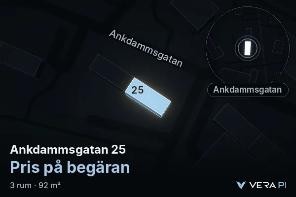 VERA PI's image of Ankdammsgatan 25: the building in 3D, lit in blue, and the map around it