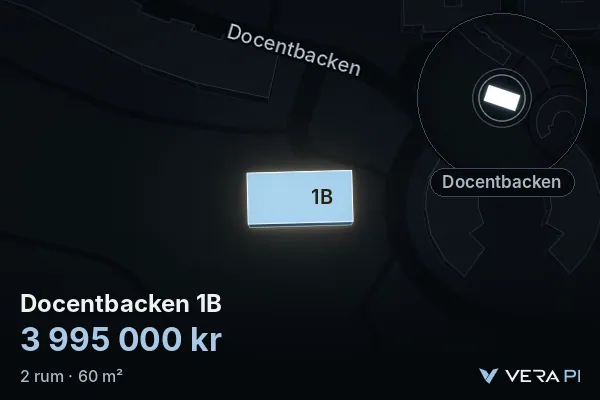 VERA PI:s bild av Docentbacken 1B: huset i 3D, upplyst i blått, och kartan runt omkring