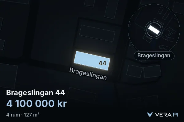 VERA PI's image of Brageslingan 44: the building in 3D, lit in blue, and the map around it