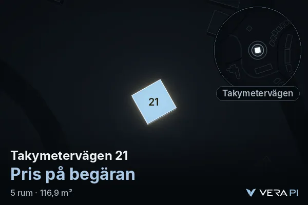 VERA PI:s bild av Takymetervägen 21: huset i 3D, upplyst i blått, och kartan runt omkring