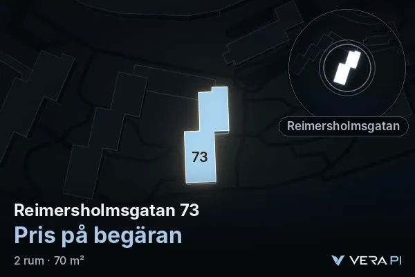 VERA PI:s bild av Reimersholmsgatan 73: huset i 3D, upplyst i blått, och kartan runt omkring