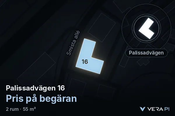 VERA PI:s bild av Palissadvägen 16: huset i 3D, upplyst i blått, och kartan runt omkring