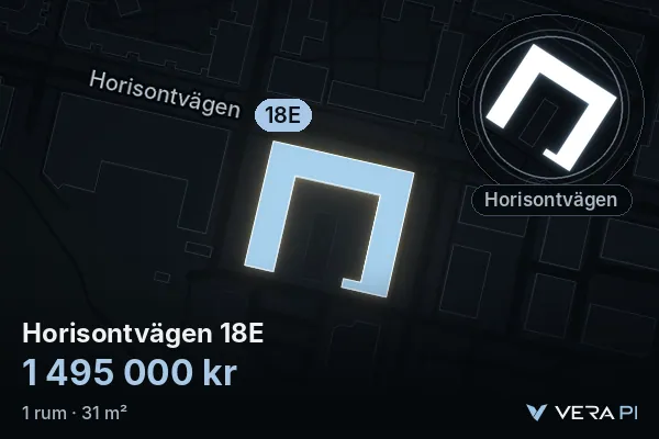 VERA PI:s bild av Horisontvägen 18E: huset i 3D, upplyst i blått, och kartan runt omkring