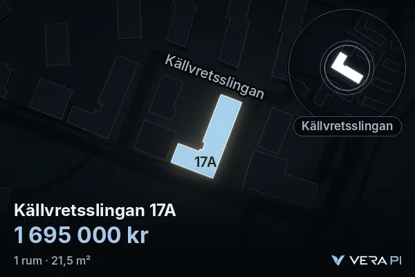 VERA PI:s bild av Källvretsslingan 17A: huset i 3D, upplyst i blått, och kartan runt omkring
