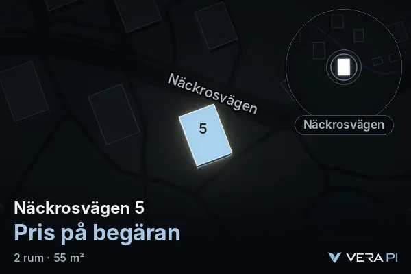 VERA PI:s bild av Näckrosvägen 5: huset i 3D, upplyst i blått, och kartan runt omkring