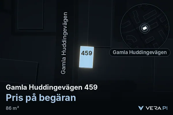 VERA PI:s bild av Gamla Huddingevägen 459: huset i 3D, upplyst i blått, och kartan runt omkring