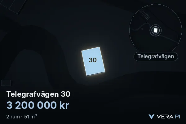 VERA PI:s bild av Telegrafvägen 30: huset i 3D, upplyst i blått, och kartan runt omkring