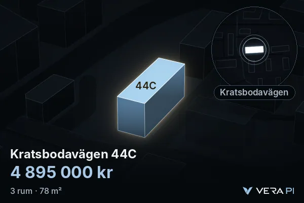 VERA PI:s bild av Kratsbodavägen 44C: huset i 3D, upplyst i blått, och kartan runt omkring