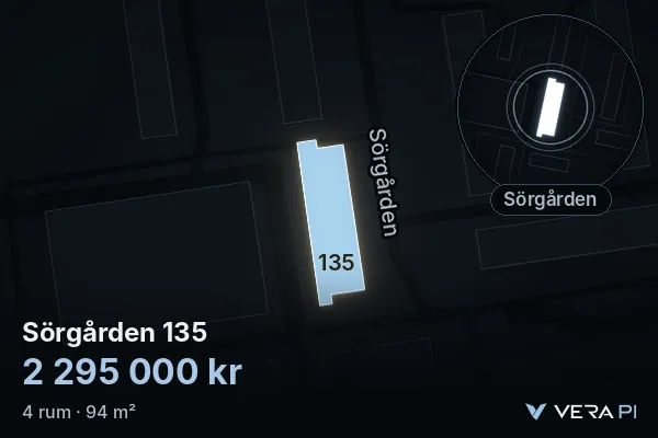 VERA PI's image of Sörgården 135: the building in 3D, lit in blue, and the map around it